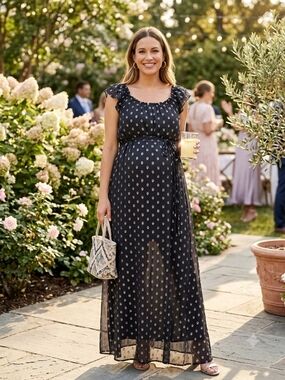 NWT Jessica Simpson Maternity Metallic Clip-Dot Flutter Maxi Dress
